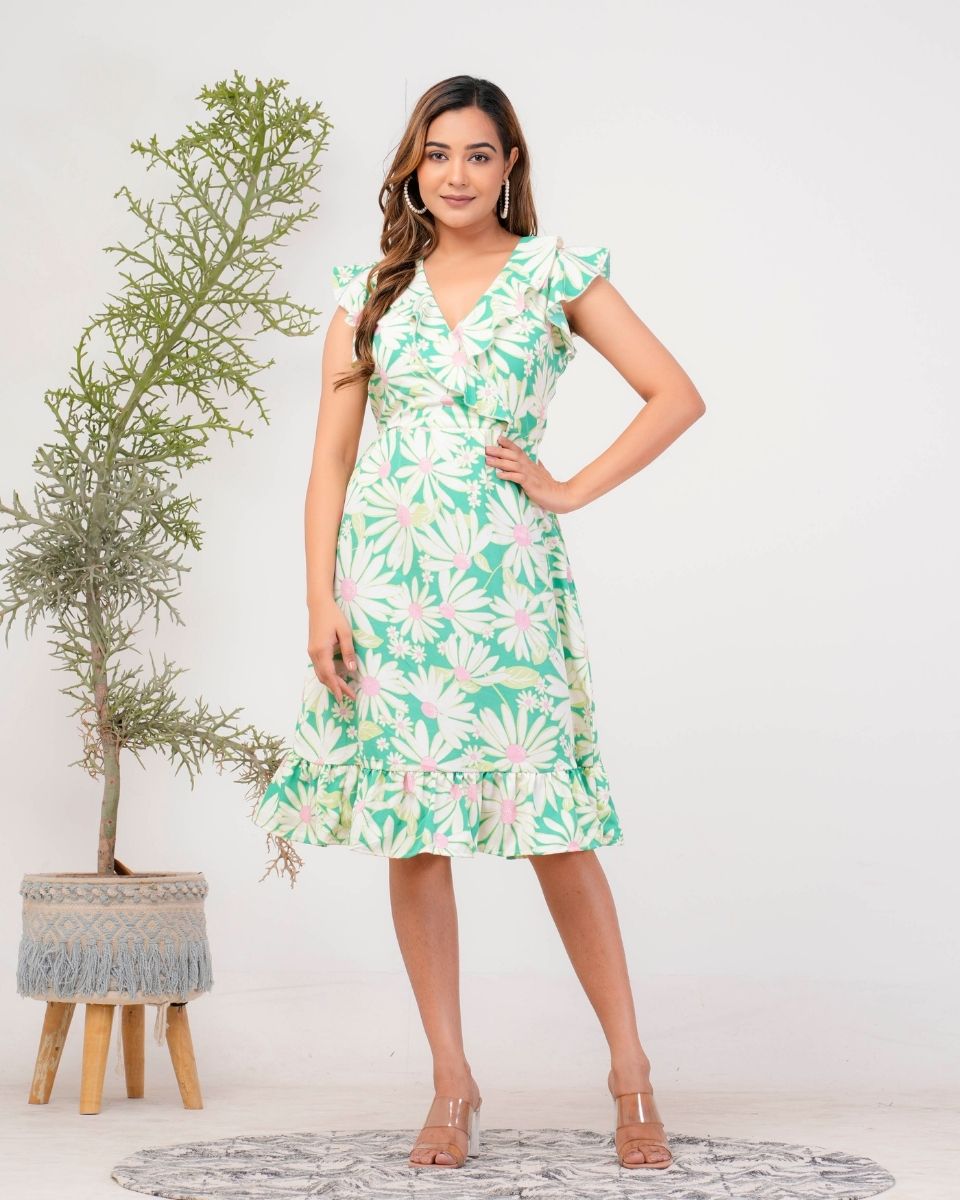 Fluorescent green Floral V Neck Ruffle Dress For Women