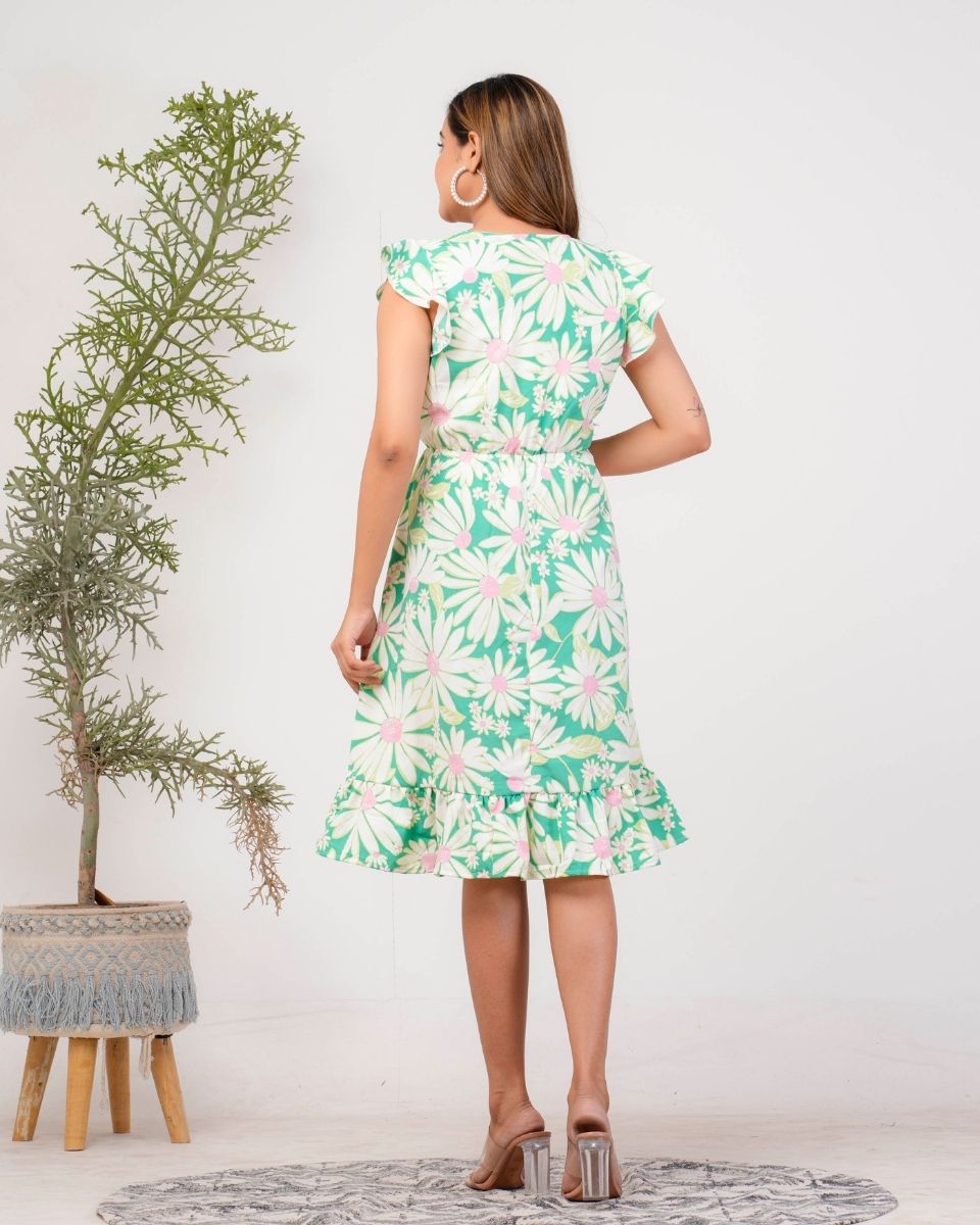 Fluorescent green Floral V Neck Ruffle Dress For Women