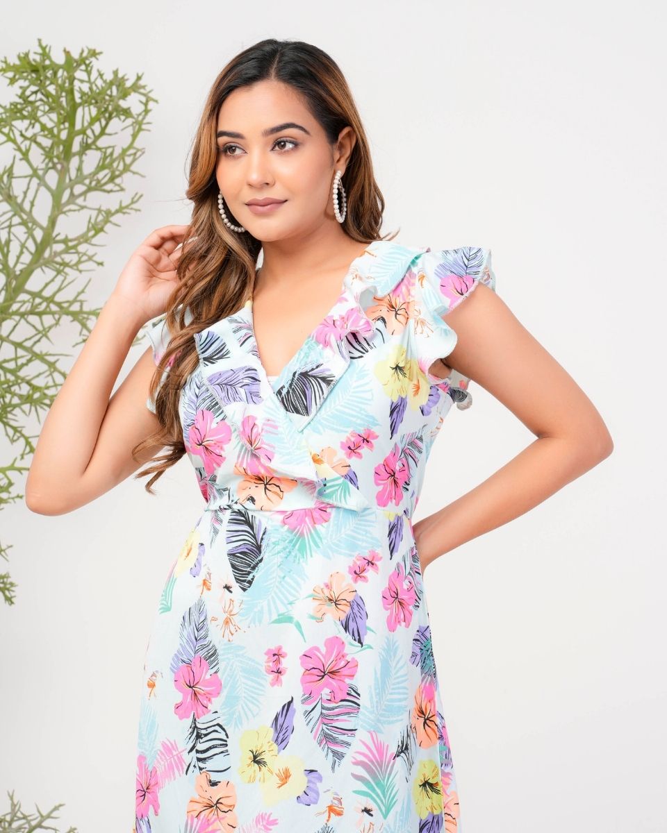 Tropical Printed Sky Blue V Neck Ruffle Midi Dress For Women