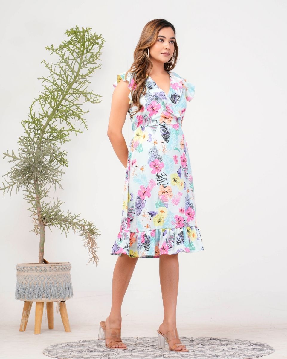 Tropical Printed Sky Blue V Neck Ruffle Midi Dress For Women
