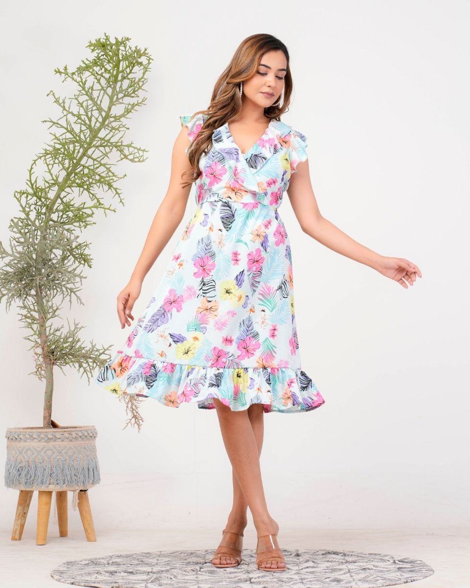 Tropical Printed Sky Blue V Neck Ruffle Midi Dress For Women