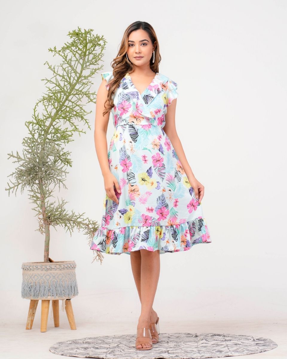 Tropical Printed Sky Blue V Neck Ruffle Midi Dress For Women