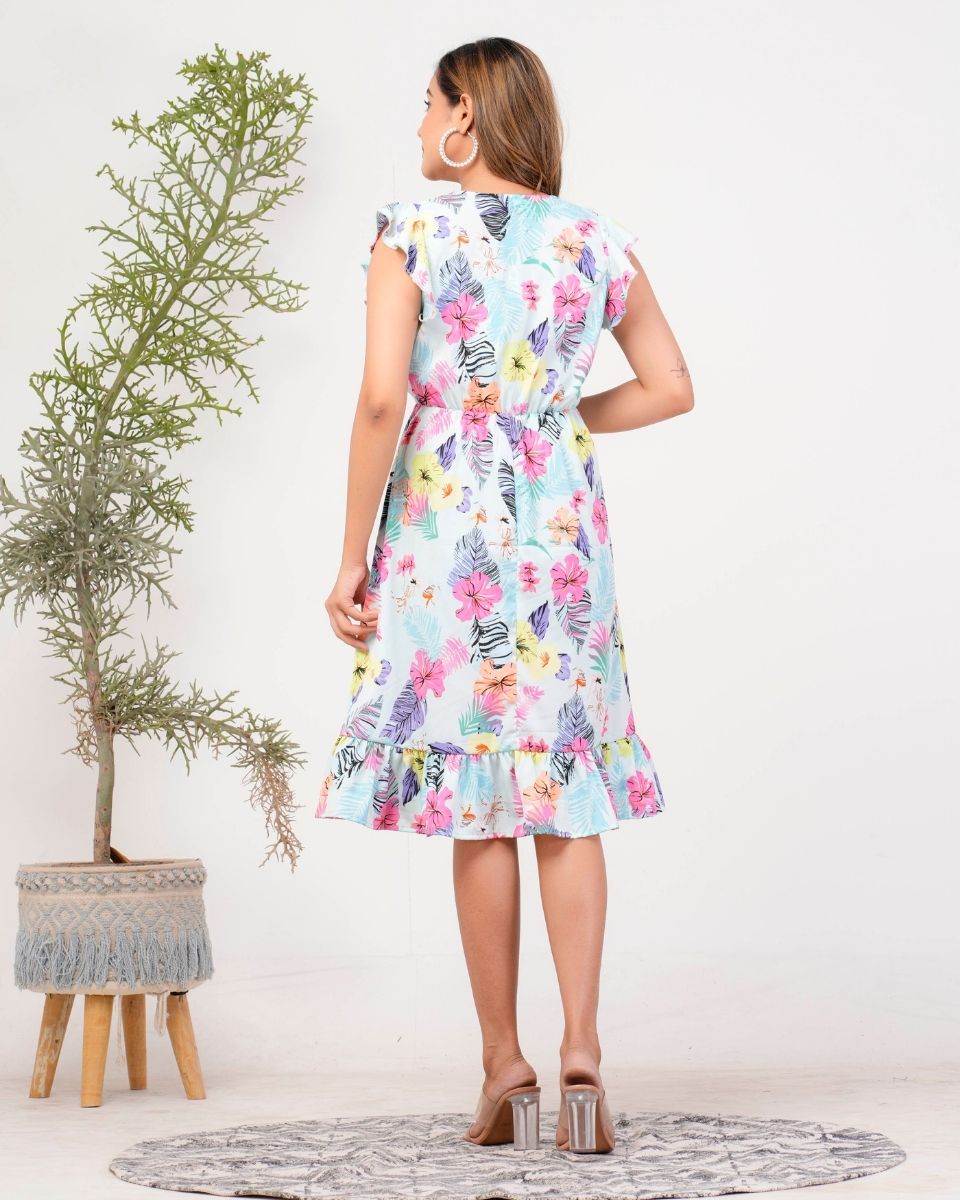 Tropical Printed Sky Blue V Neck Ruffle Midi Dress For Women