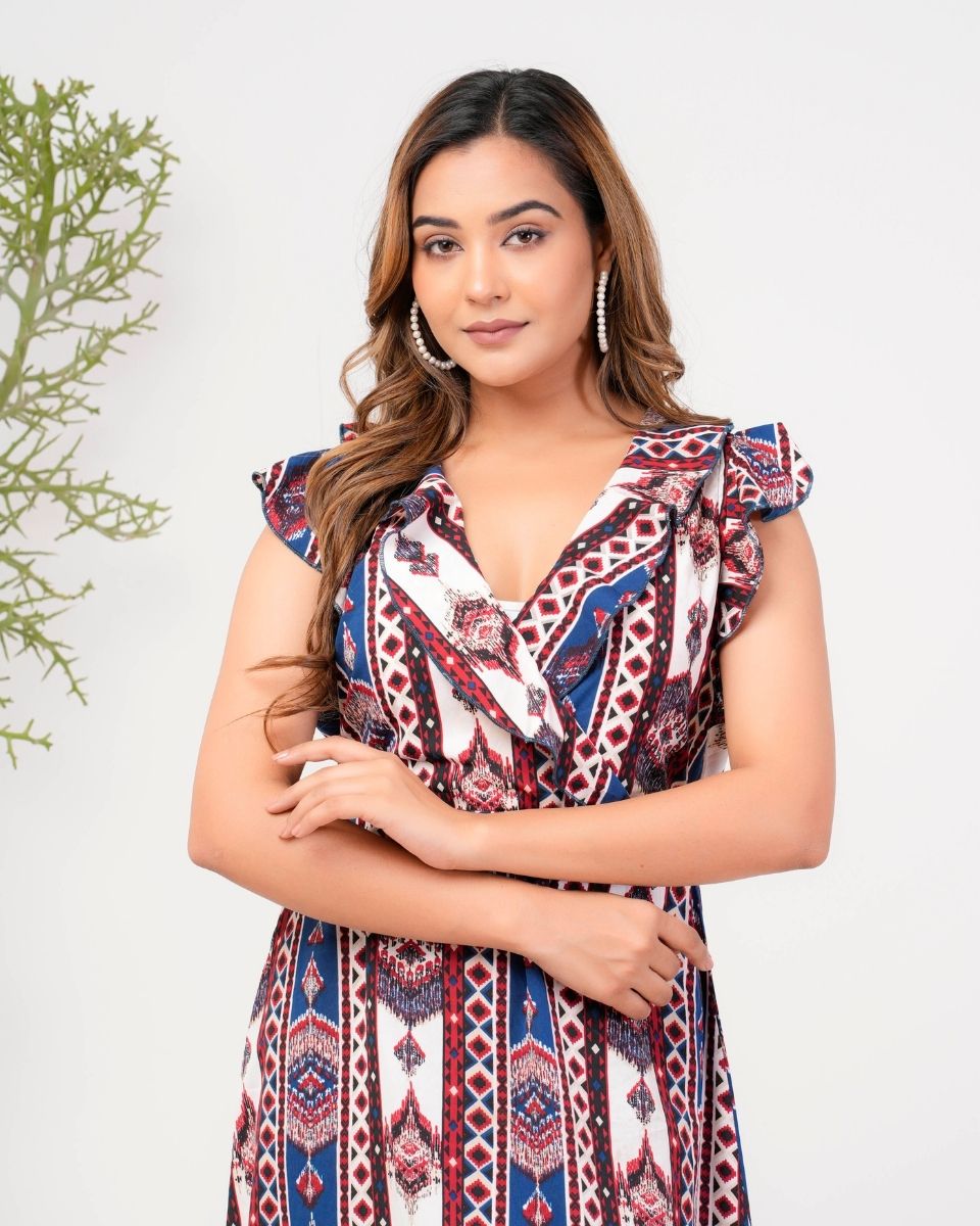 Ikat Printed Blue Overlap Midi Dress For Women