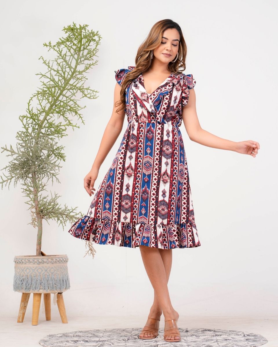 Ikat Printed Blue Overlap Midi Dress For Women