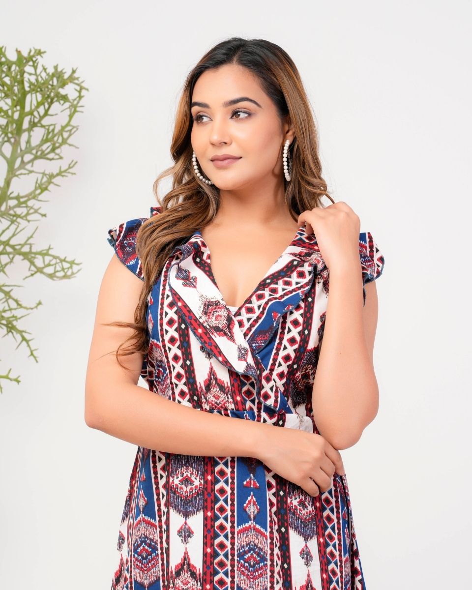 Ikat Printed Blue Overlap Midi Dress For Women