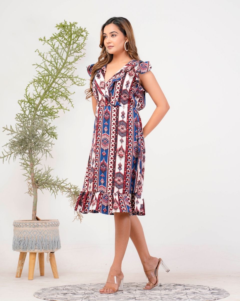 Ikat Printed Blue Overlap Midi Dress For Women