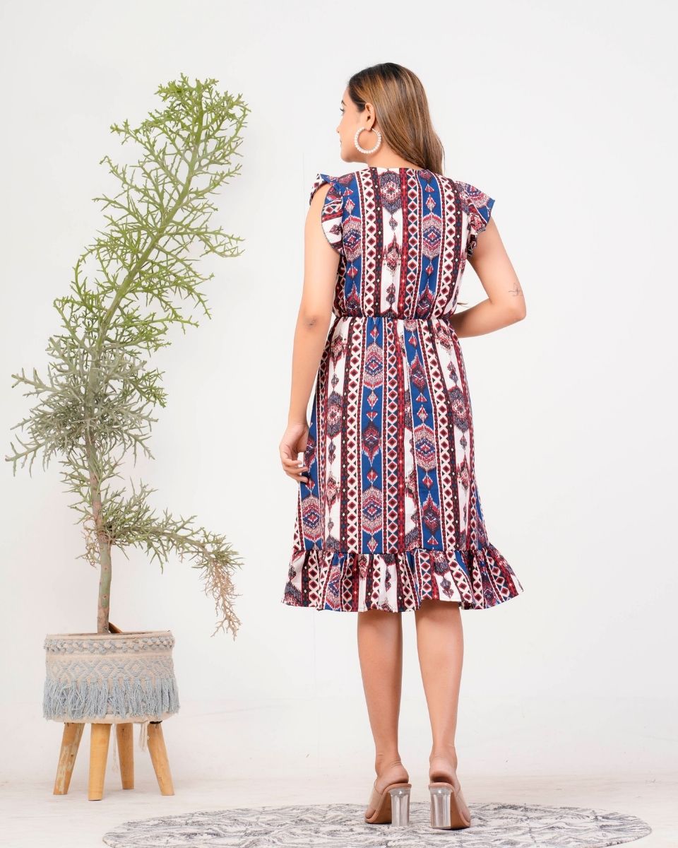 Ikat Printed Blue Overlap Midi Dress For Women