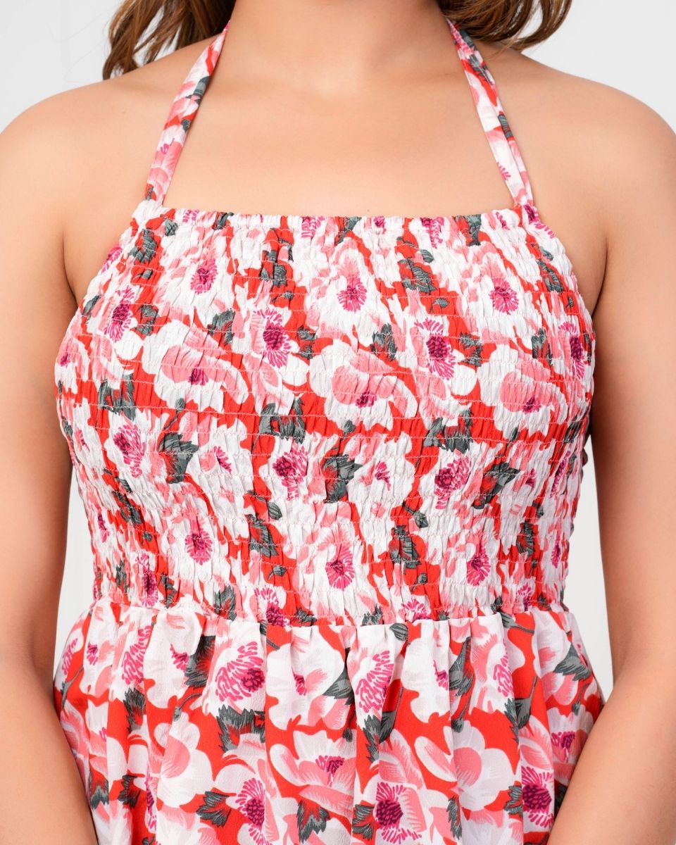 Polyester Crepe Floral Printed Red Ravera Dress For Women