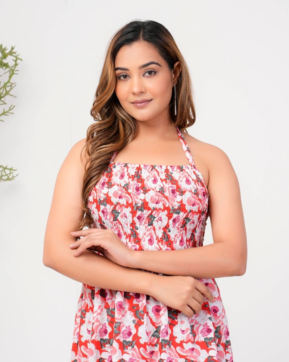 Polyester Crepe Floral Printed Red Ravera Dress For Women