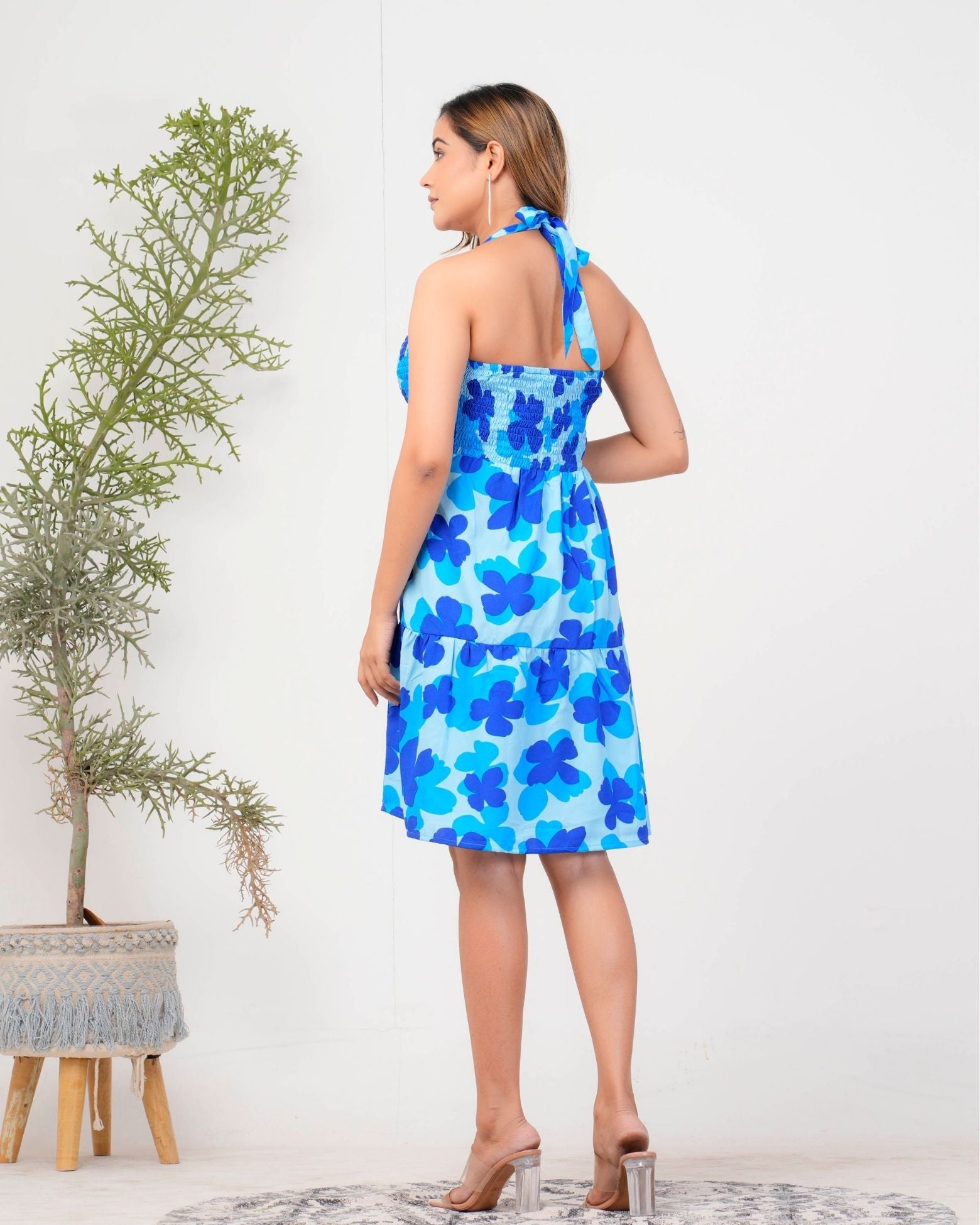 Blue Poly Crepe Floral Halter Neck Casual Midi Dress For Women