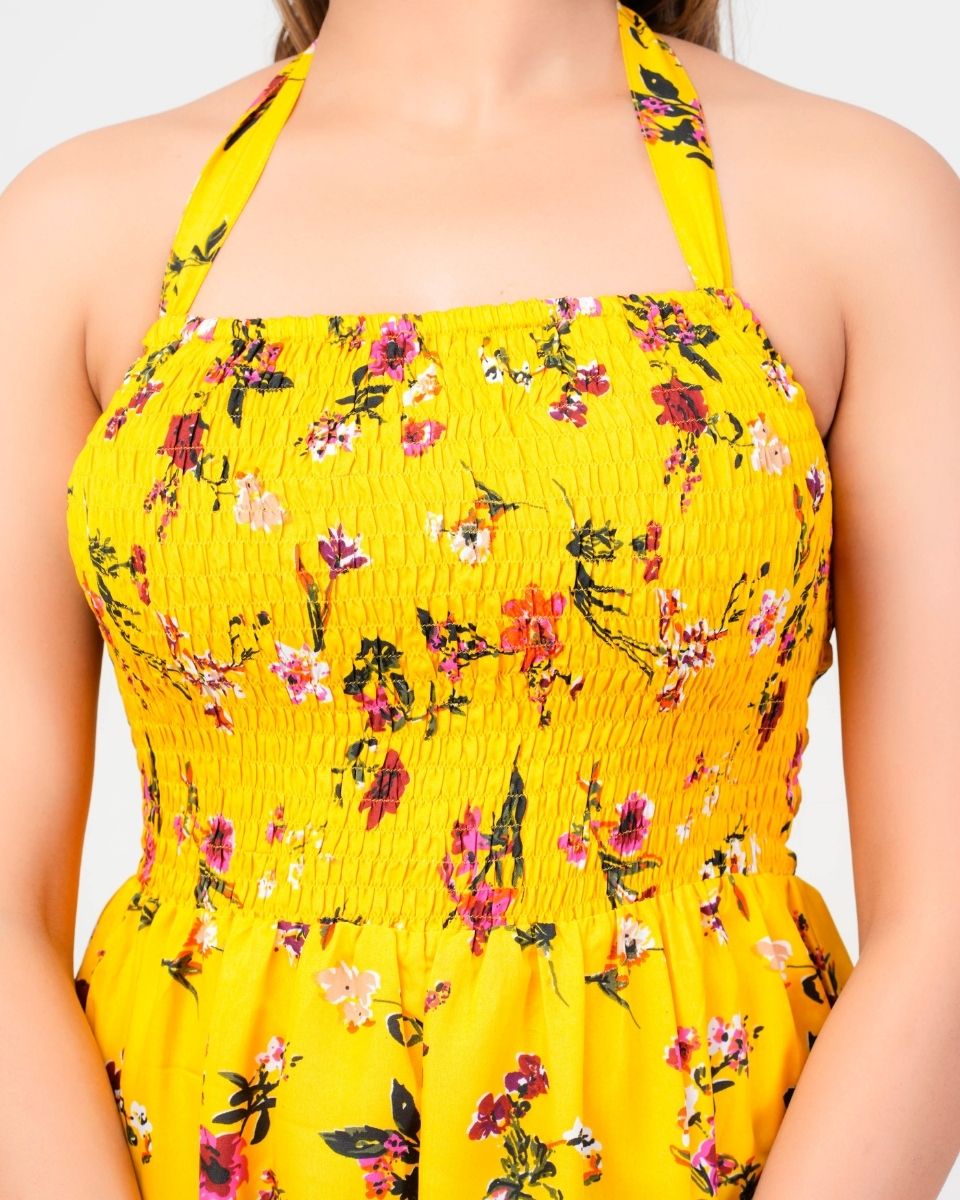 Floral Printed Yellow Halter Neck Cocktail Party Dress For Women