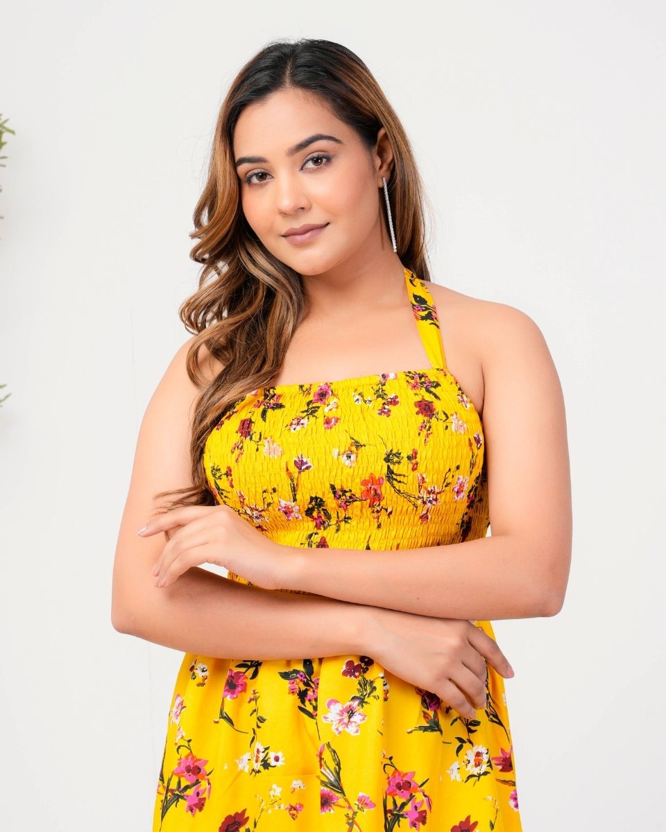 Floral Printed Yellow Halter Neck Cocktail Party Dress For Women