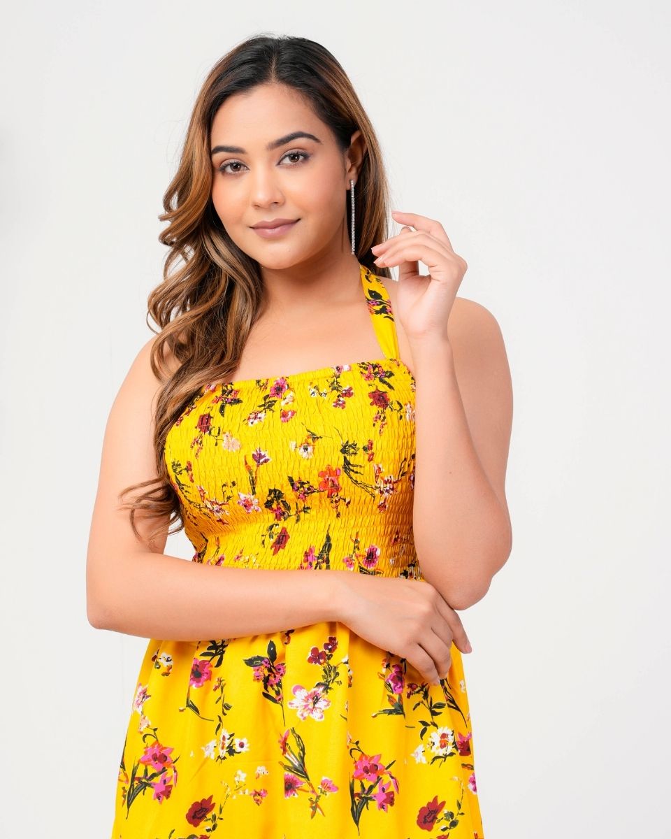 Floral Printed Yellow Halter Neck Cocktail Party Dress For Women