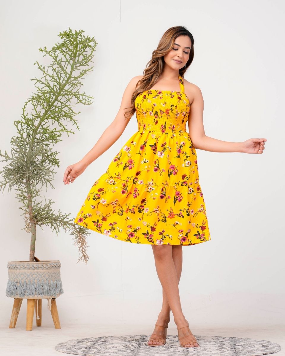 Floral Printed Yellow Halter Neck Cocktail Party Dress For Women