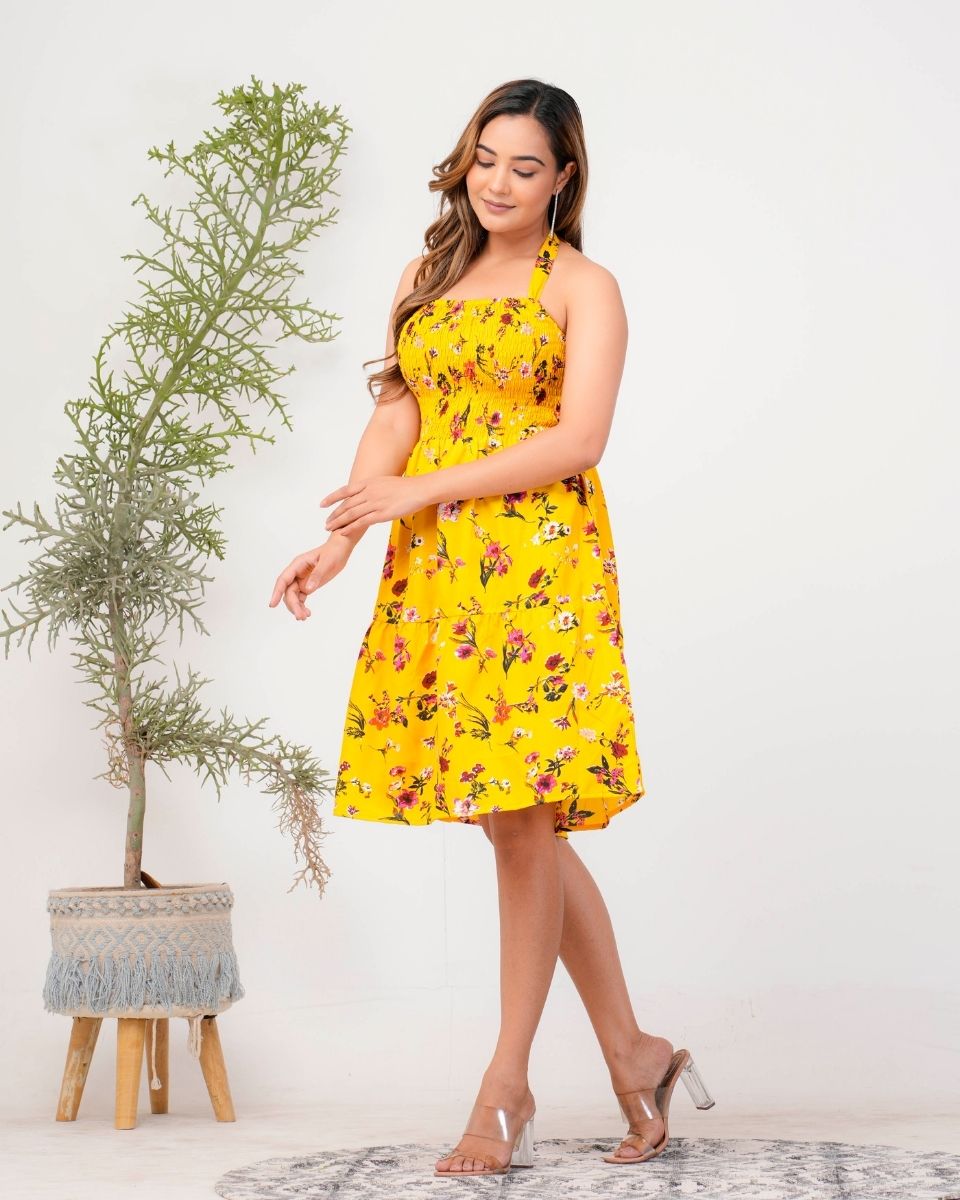Floral Printed Yellow Halter Neck Cocktail Party Dress For Women