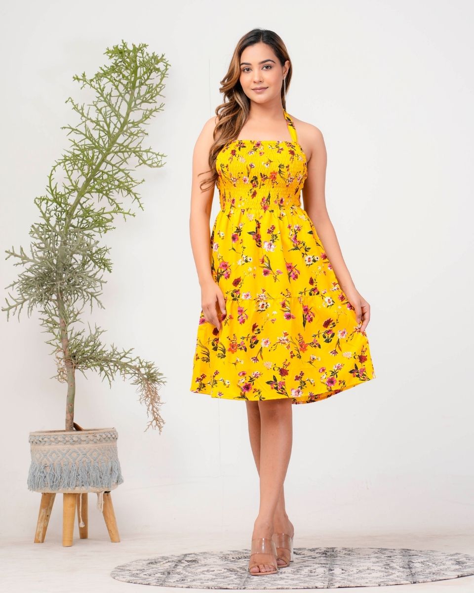 Floral Printed Yellow Halter Neck Cocktail Party Dress For Women