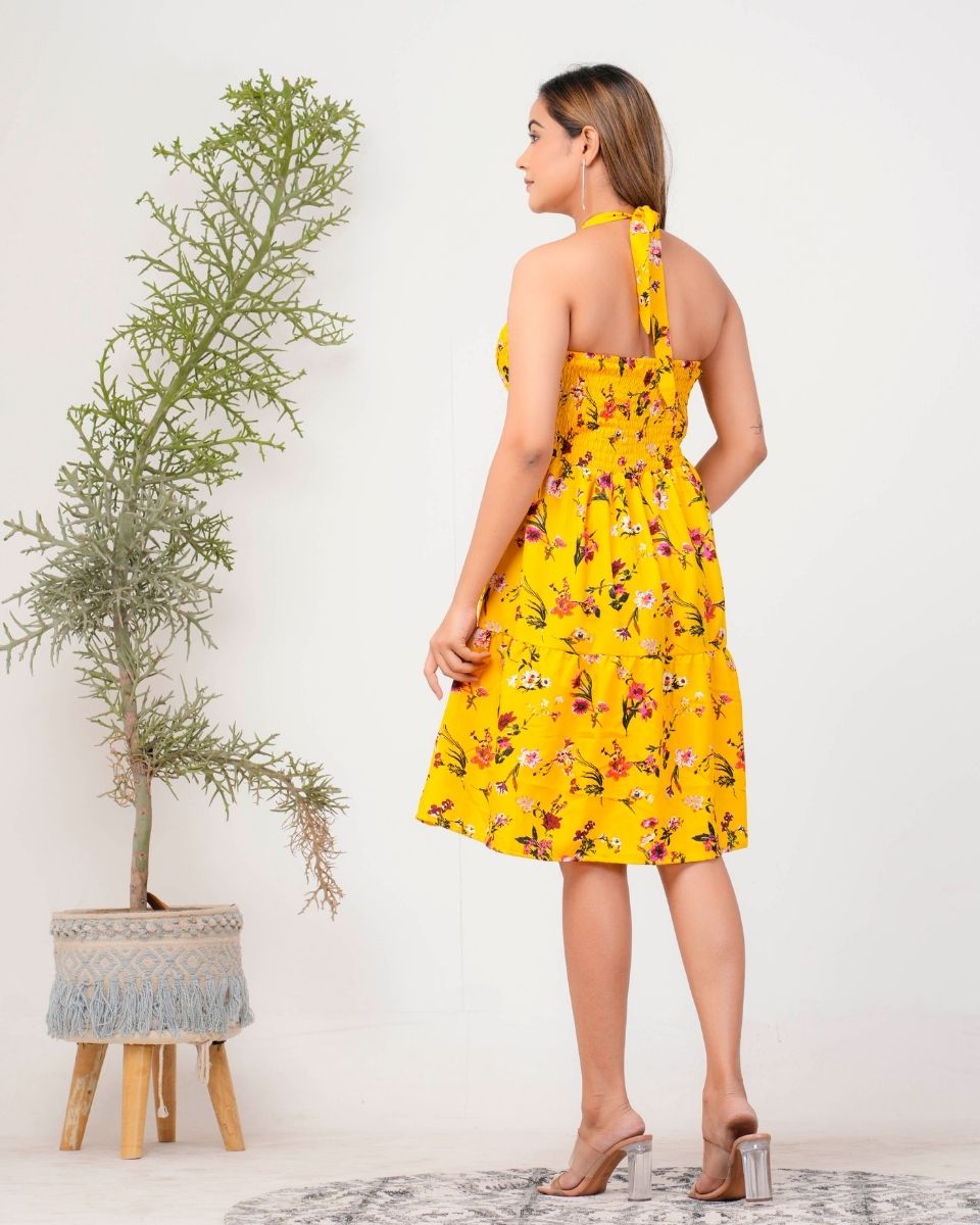 Floral Printed Yellow Halter Neck Cocktail Party Dress For Women