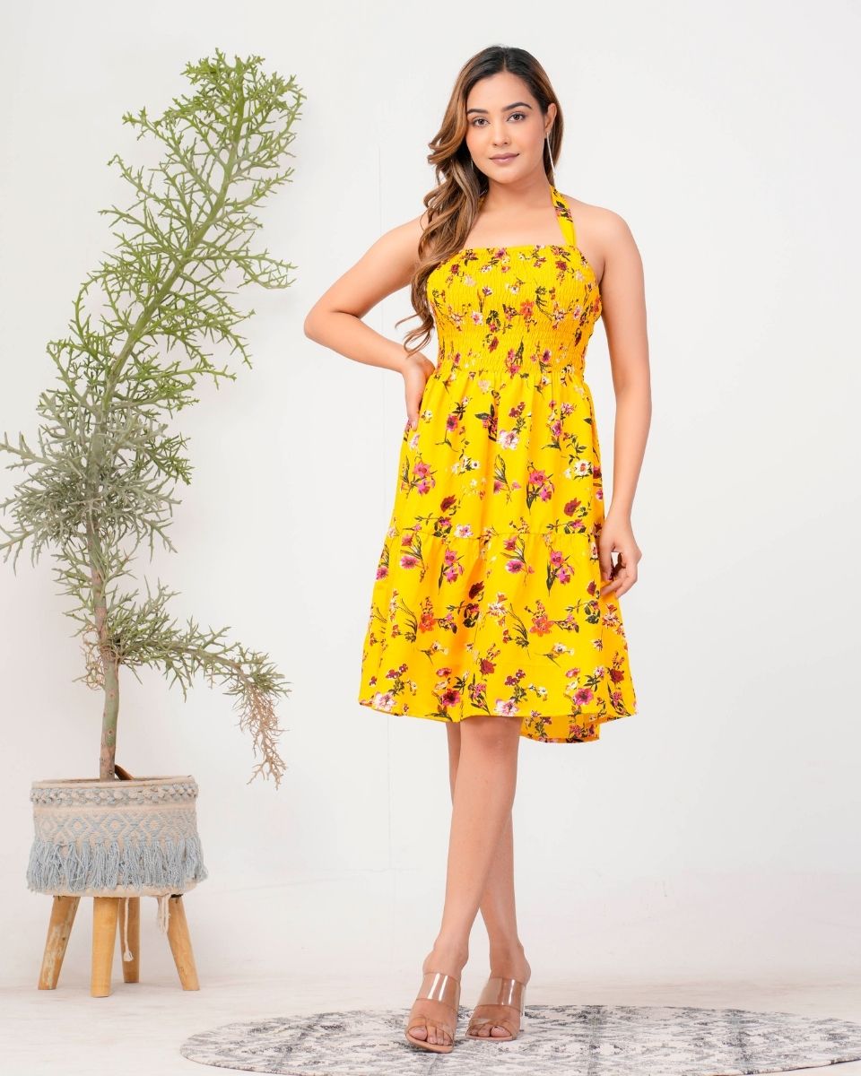 Floral Printed Yellow Halter Neck Cocktail Party Dress For Women