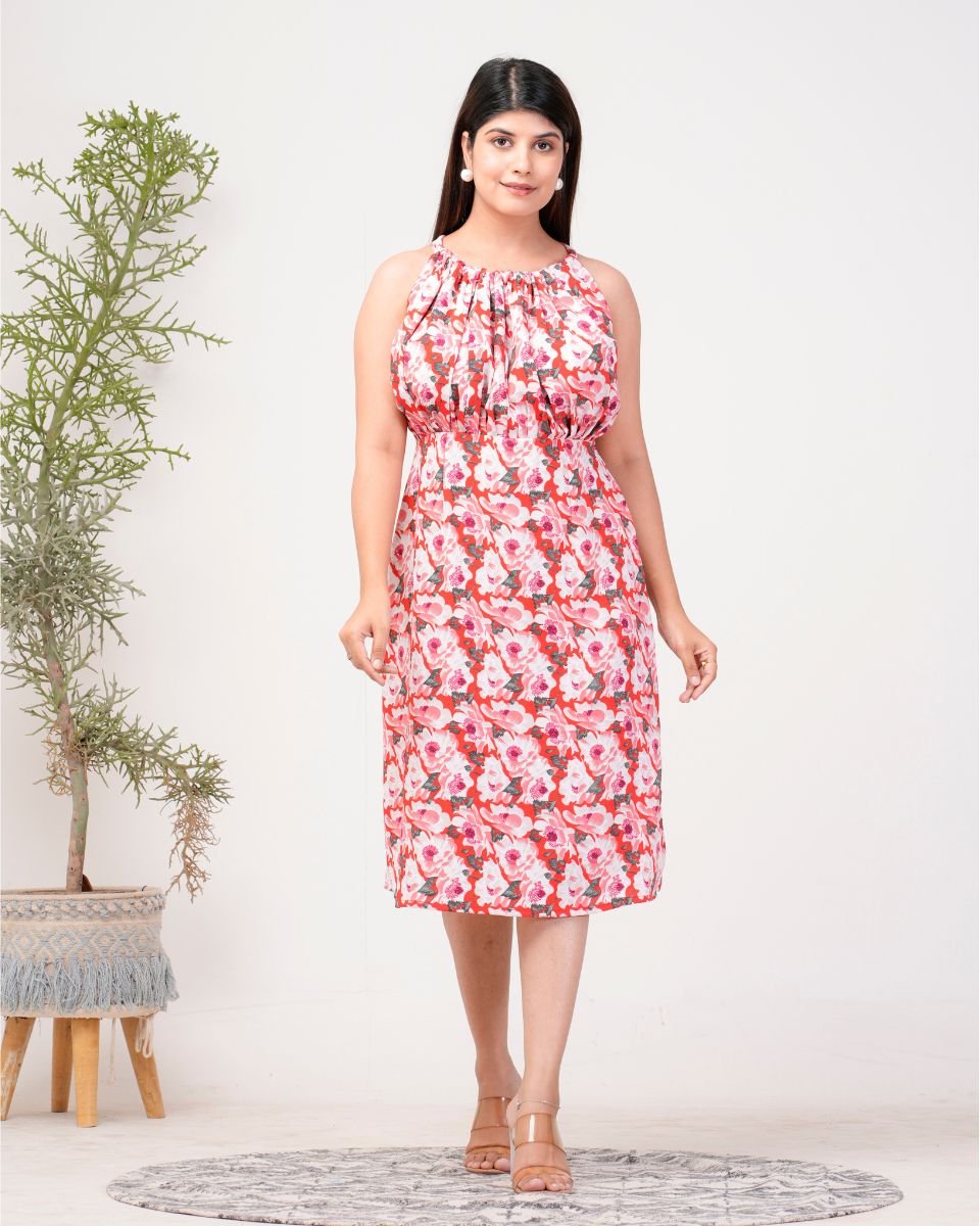 Polyester Crepe Floral Printed Red Ravera Dress For Women