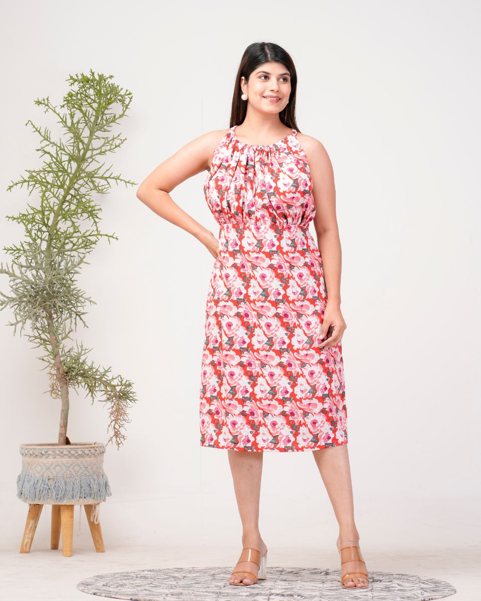 Polyester Crepe Floral Printed Red Ravera Dress For Women