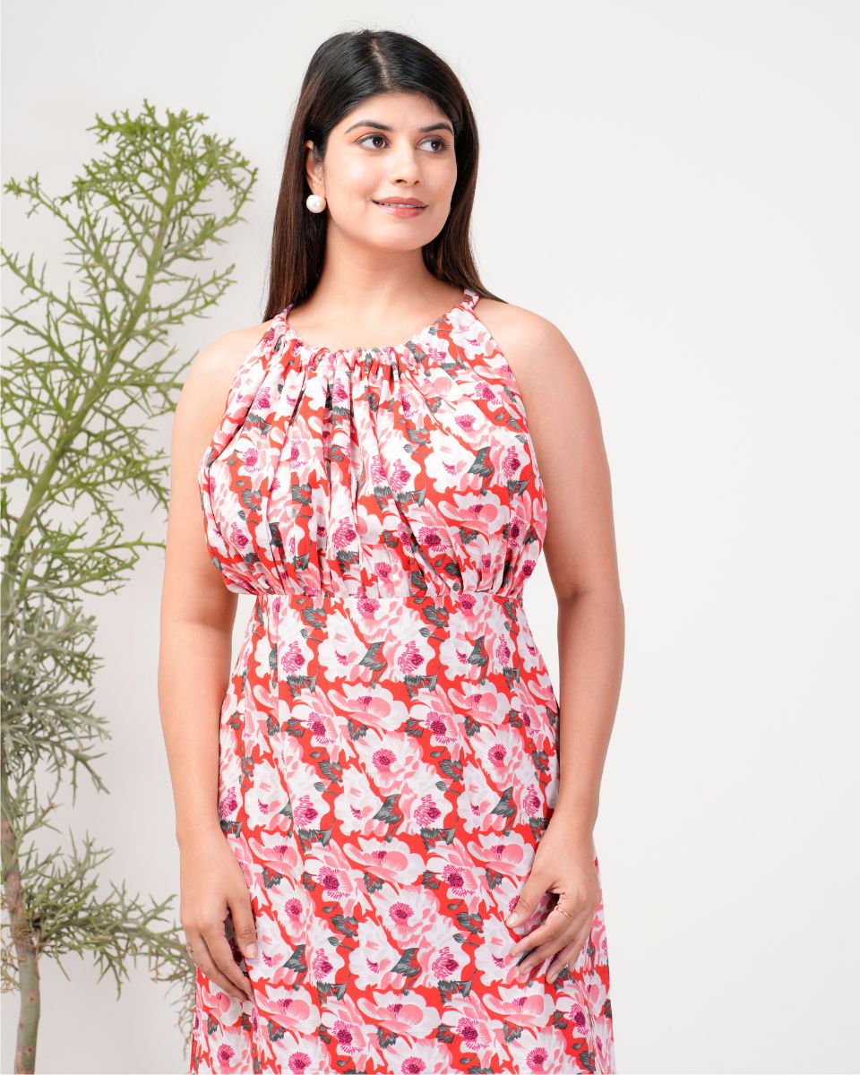 Polyester Crepe Floral Printed Red Ravera Dress For Women