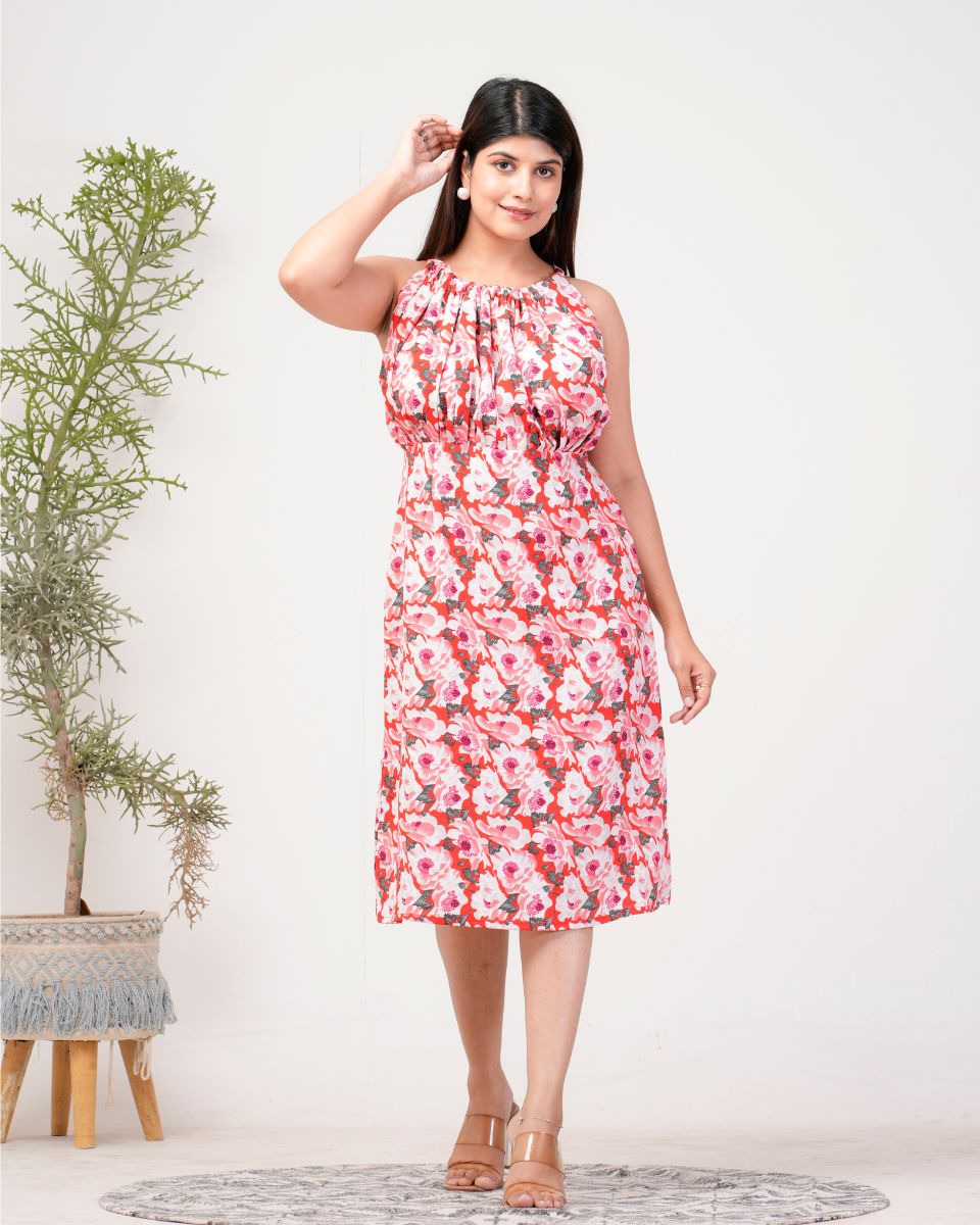 Polyester Crepe Floral Printed Red Ravera Dress For Women