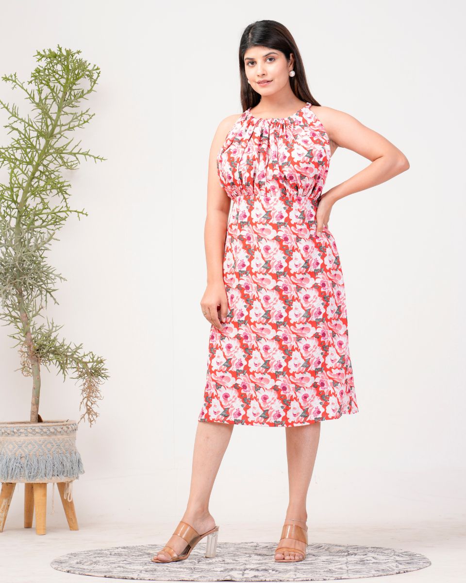 Polyester Crepe Floral Printed Red Ravera Dress For Women