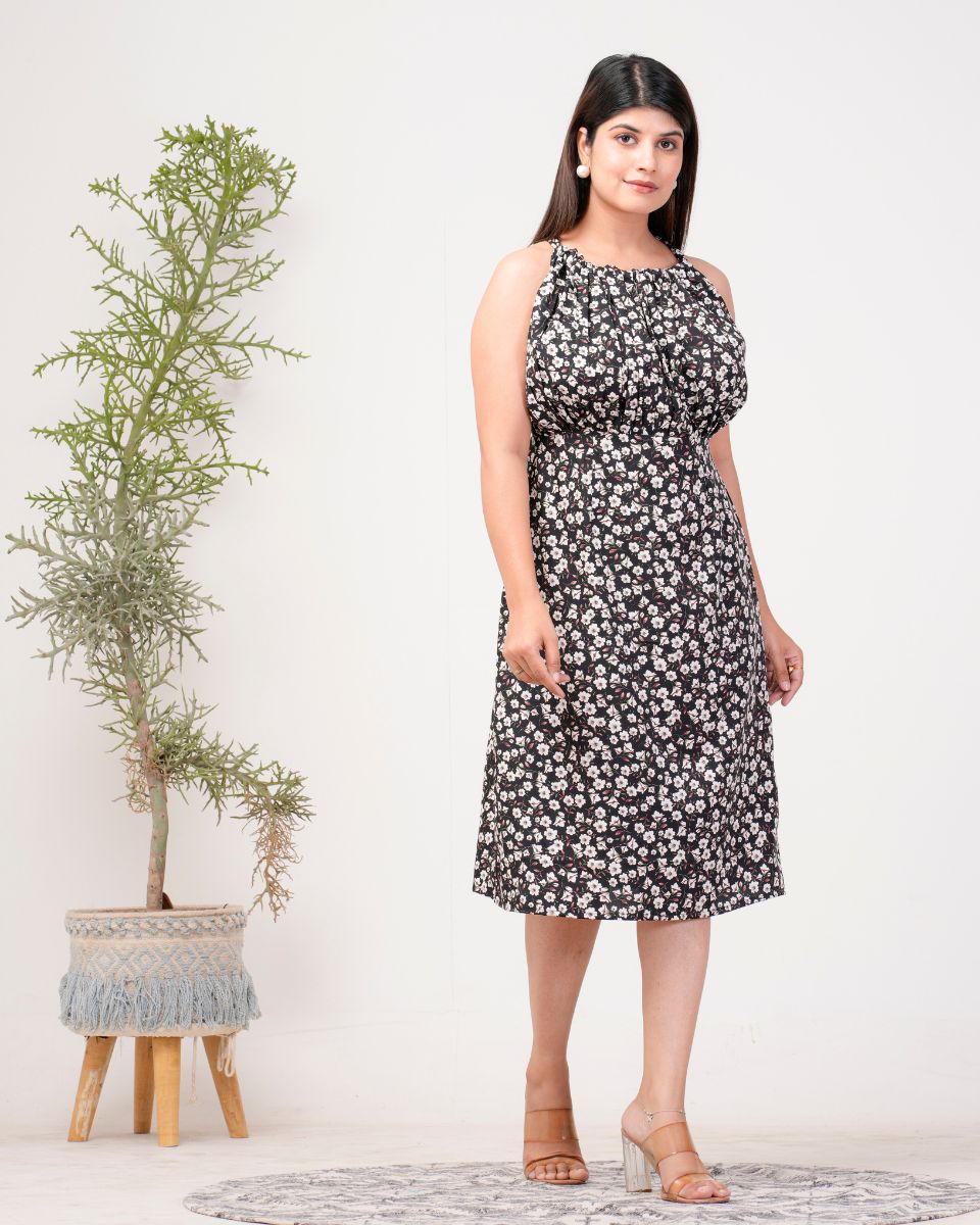 Floral Print Black And White Poly Crepe Midi Dress For Women