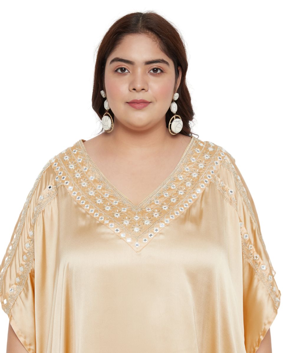 Elegant Apricot Tan Satin Lace Kaftan Dress