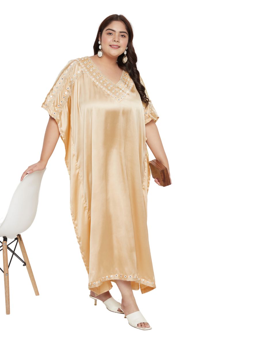 Embroidery Lace Apricot Tan Satin Kaftan For Plus Size Women