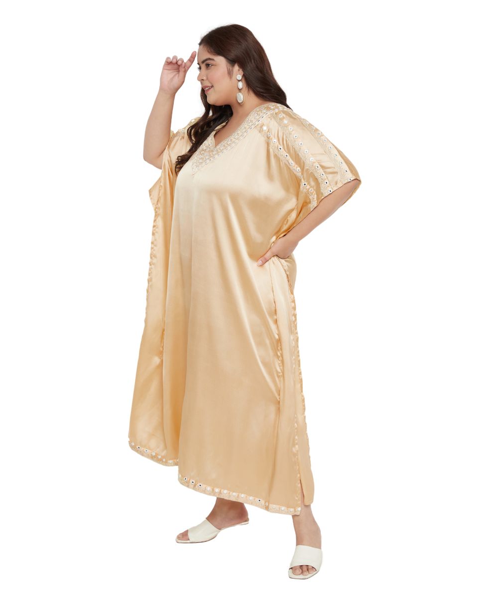 Apricot Tan Lace Satin Maxi Dress