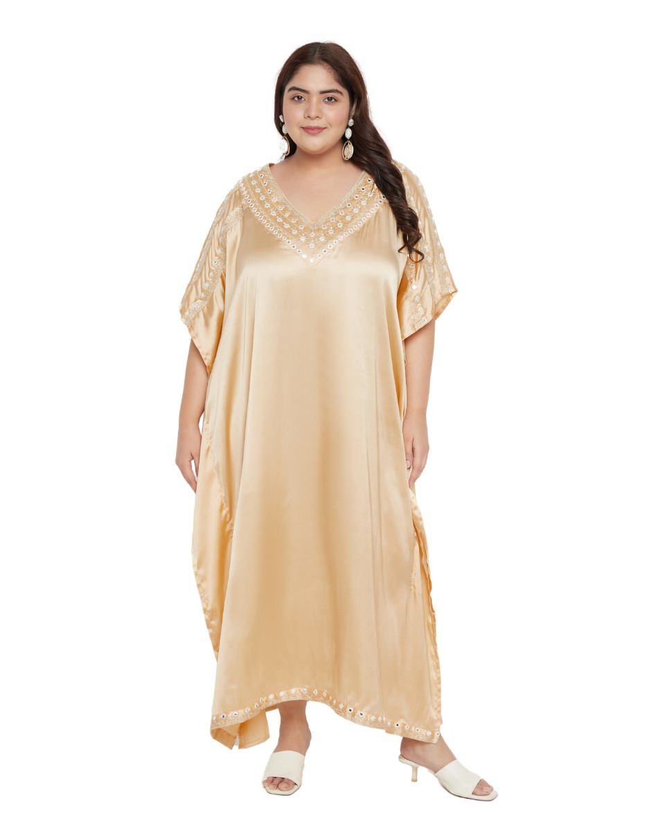 Apricot Tan Satin Women Kaftan Dress with Lace Detail
