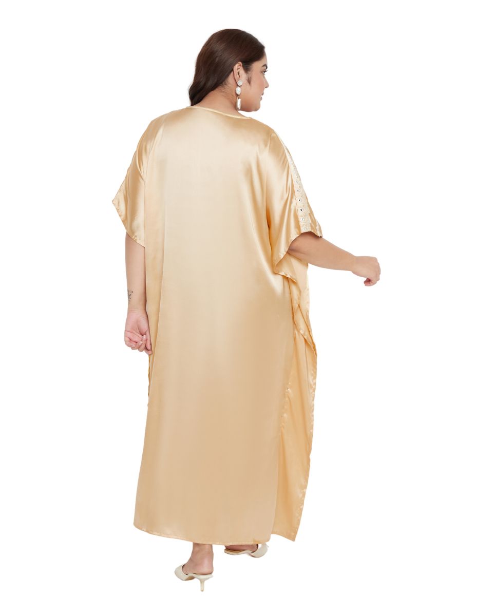 Embroidery Lace Apricot Tan Satin Kaftan For Plus Size Women