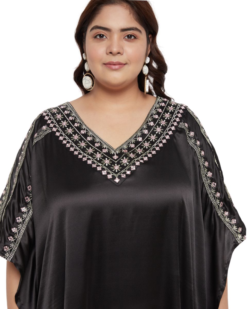 Solid Embroidery Black Satin Long Dress