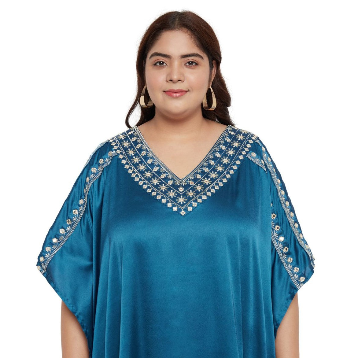 Corsair Blue With Embroidery Lace Satin Katan For Plus Size Women - SKU EKFT-1001-CSBL - Gypsie Blu