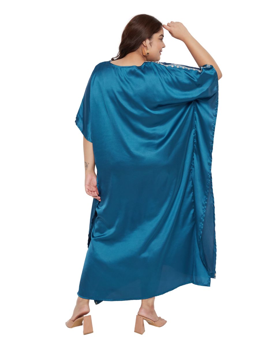 Embroidered lace detail on Corsair Blue satin dress