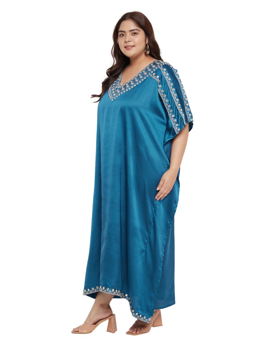 Satin kaftan dress with elegant lace embellishments
