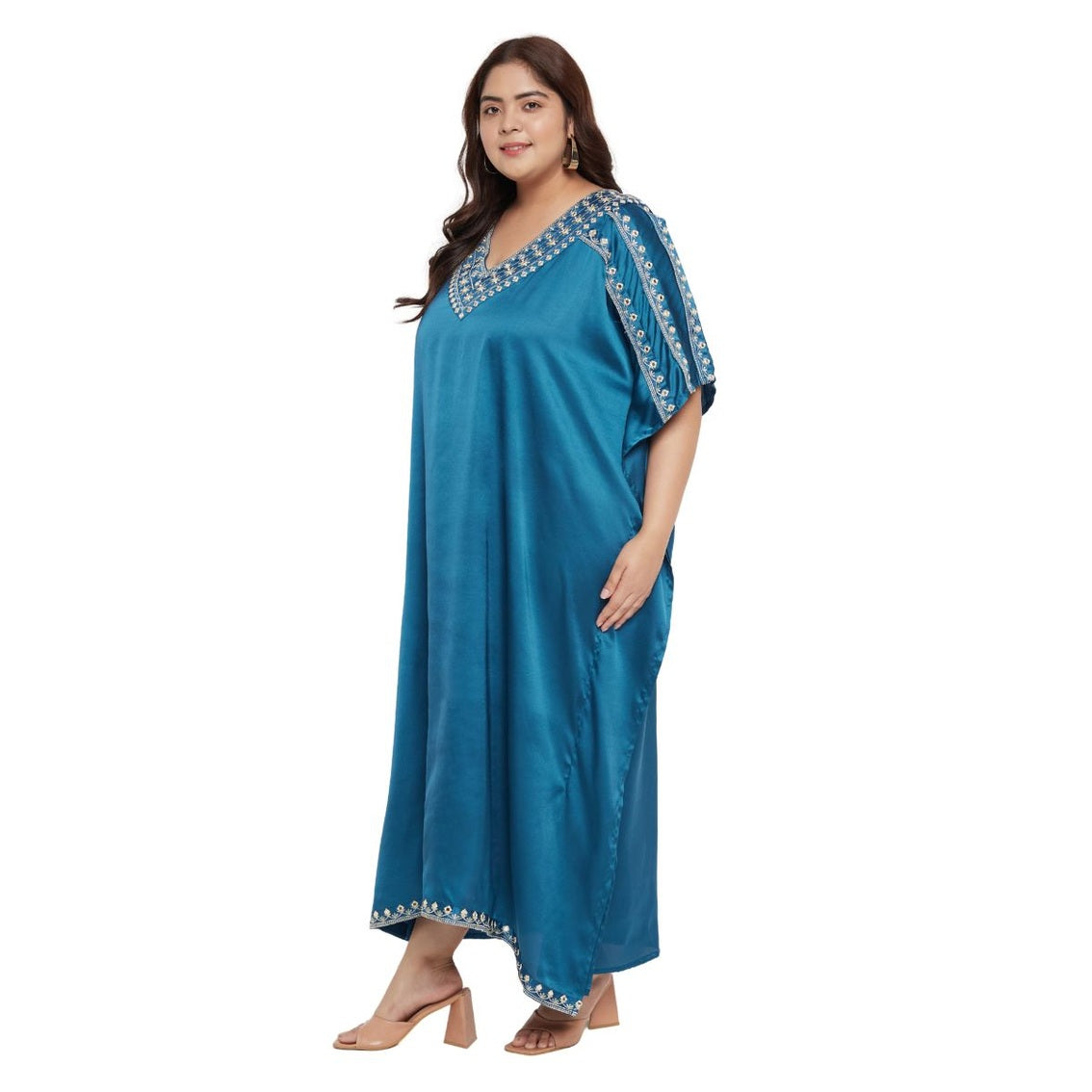 Corsair Blue With Embroidery Lace Satin Katan For Plus Size Women - SKU EKFT-1001-CSBL - Gypsie Blu