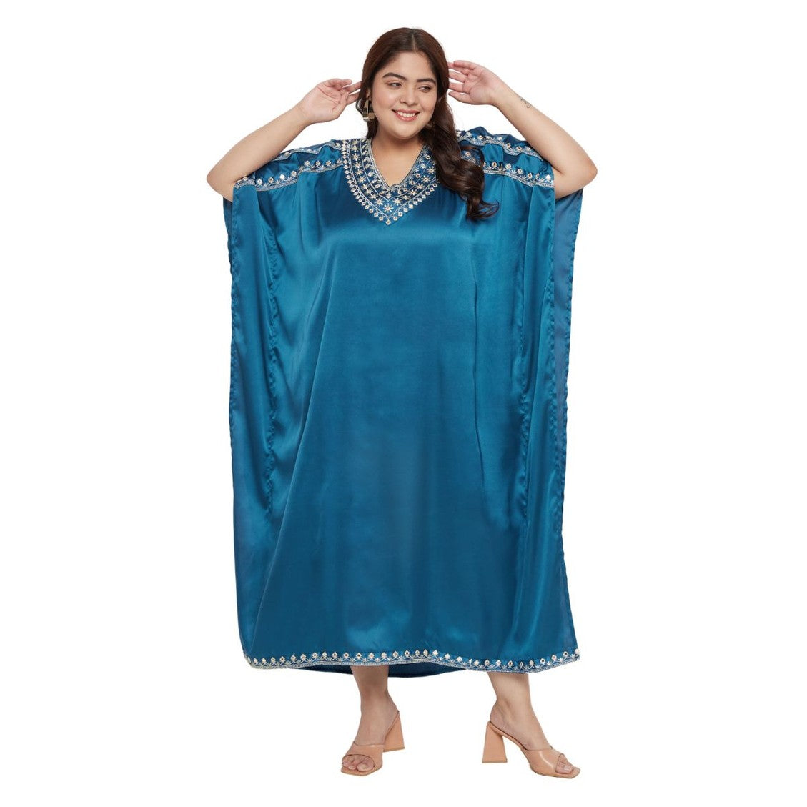 Corsair Blue With Embroidery Lace Satin Katan For Plus Size Women - SKU EKFT-1001-CSBL - Gypsie Blu