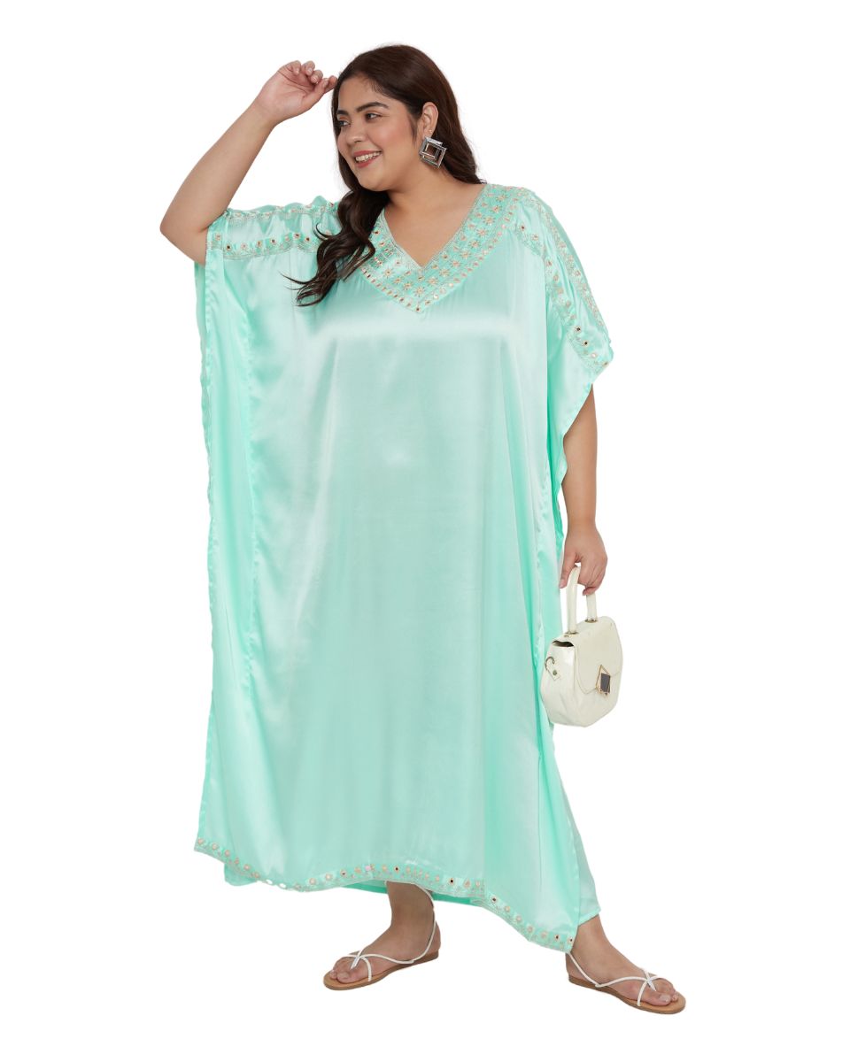 Women Satin Kaftan Plus Size Solid with Embroidery Ice Green