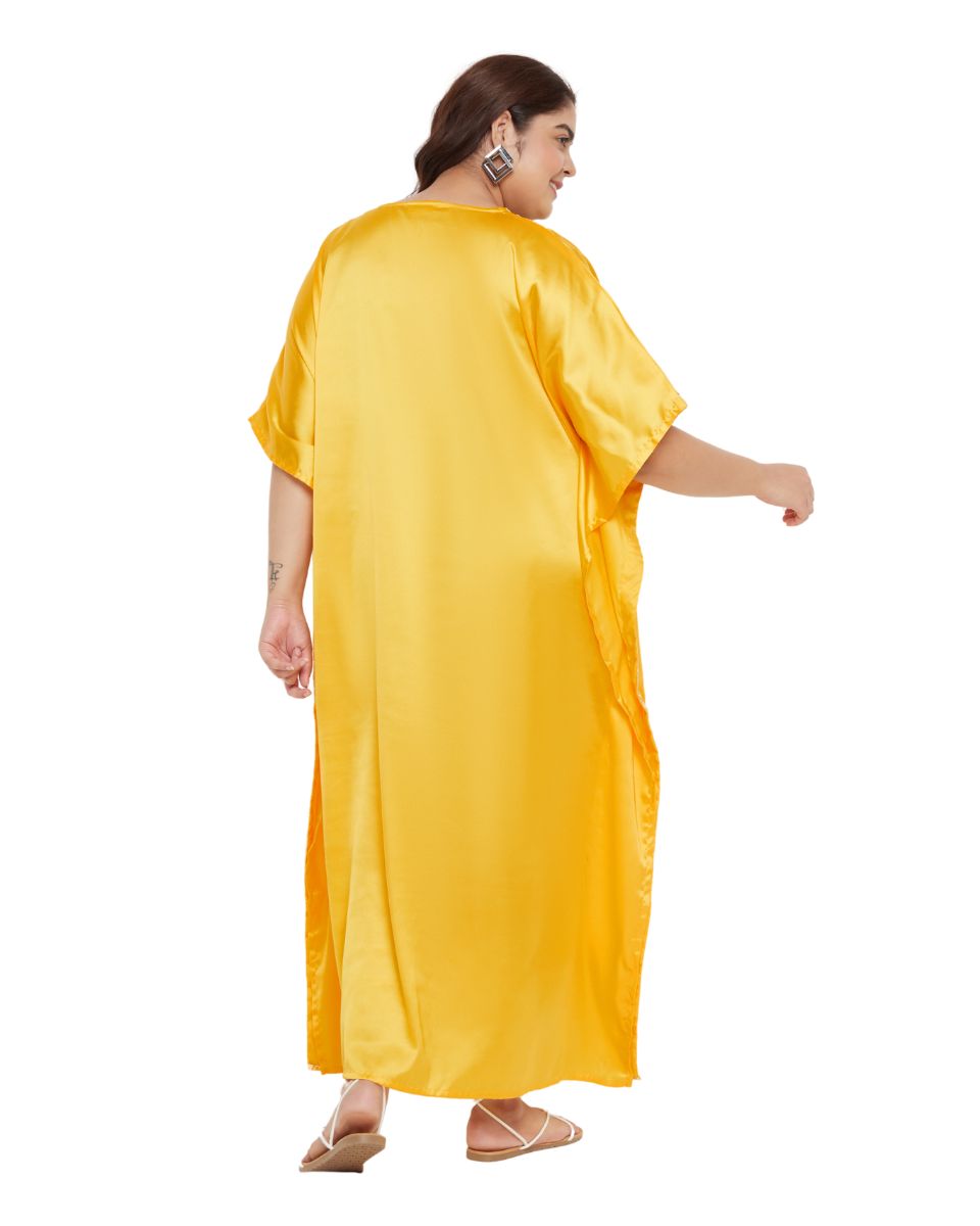Yellow Satin Plus Size Embroidery Wedding Kaftan for Women