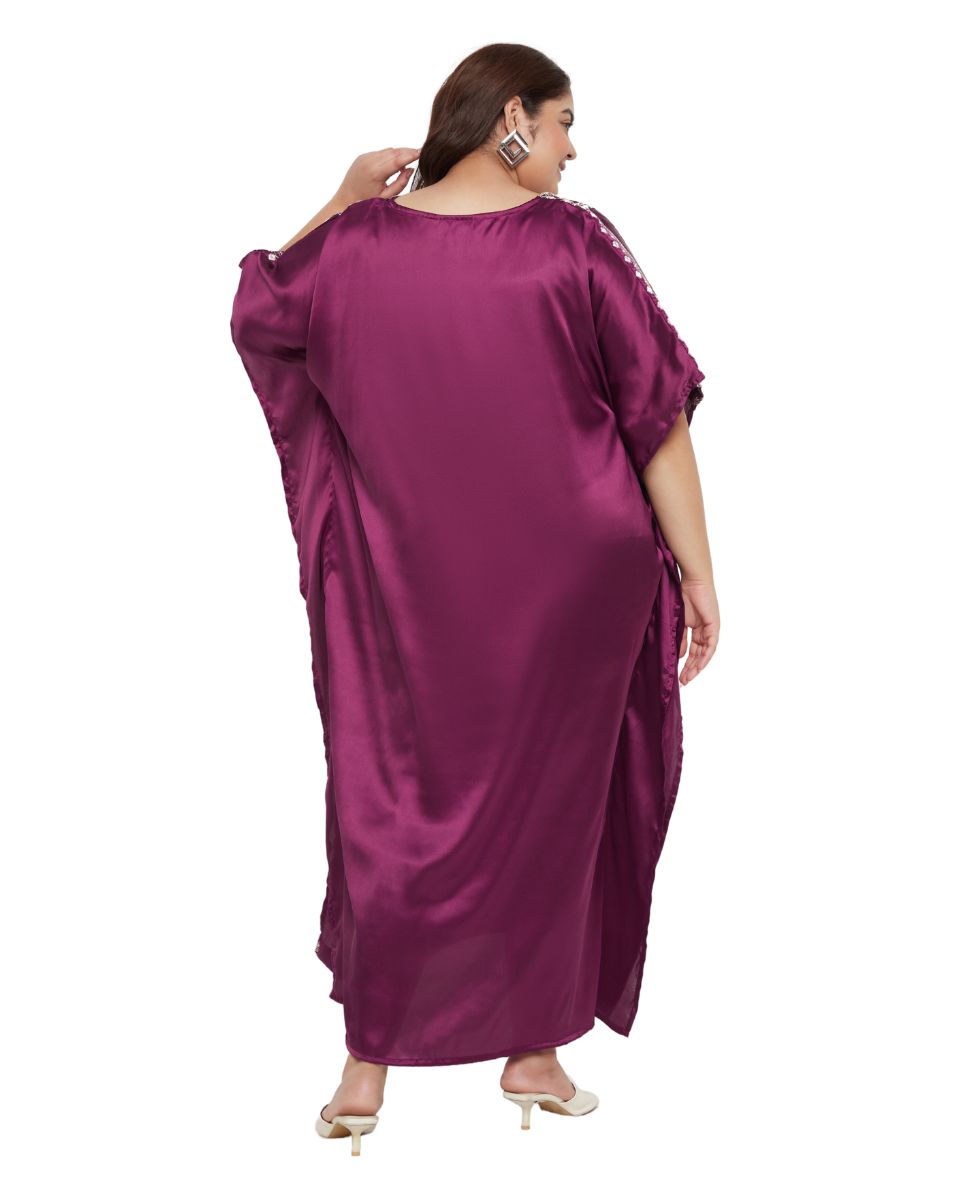 Purple Satin Plus Size Kaftan Solid With Embroidery Lace For Women