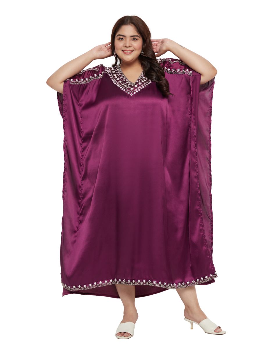 Purple Satin Plus Size Kaftan Solid With Embroidery Lace For Women