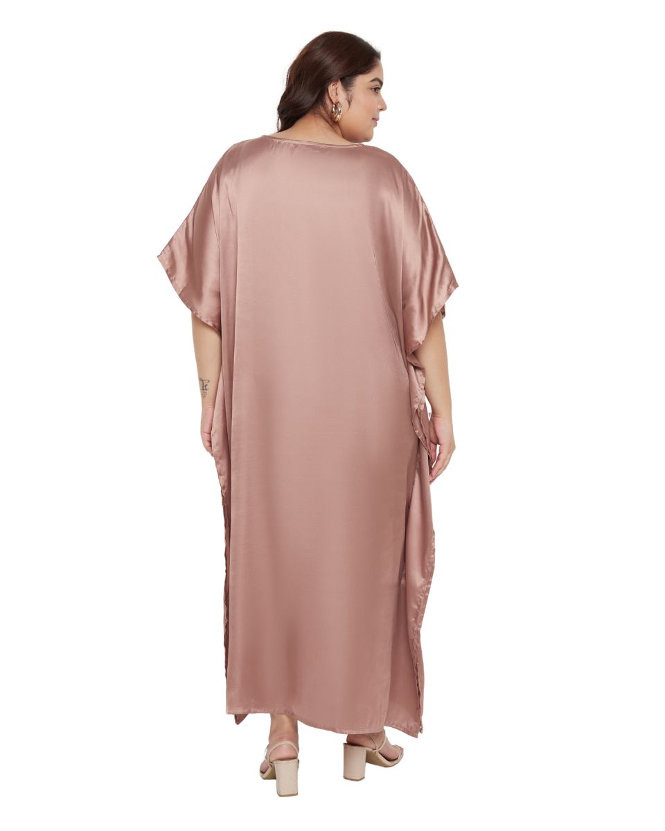 Light Brown Solid Embroidery Satin Women Plus Size Kaftan Dress