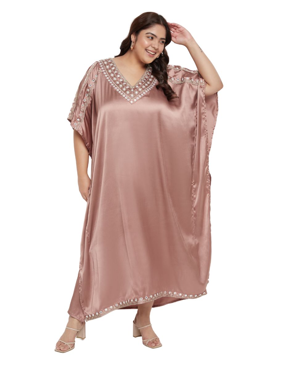 Light Brown Solid Embroidery Satin Women Plus Size Kaftan Dress