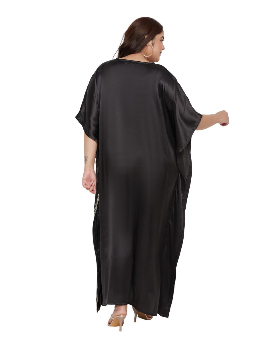 Kaftan Plus Size Solid with Embroidery Lace Black Satin For Women