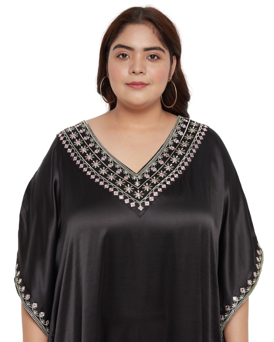 Kaftan Plus Size Solid with Embroidery Lace Black Satin For Women