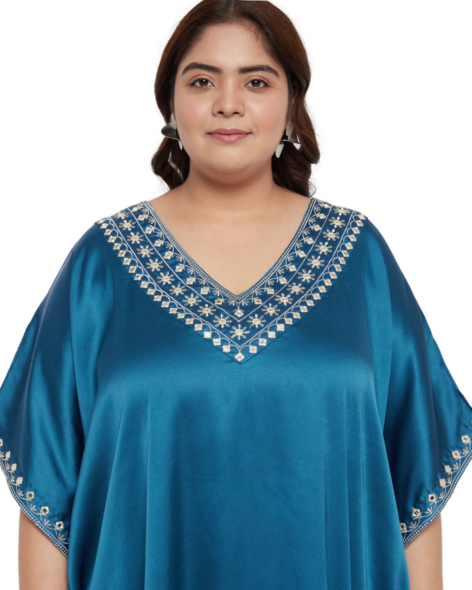 Embroidery Corsair Blue Satin Plus Size Kaftan for Women