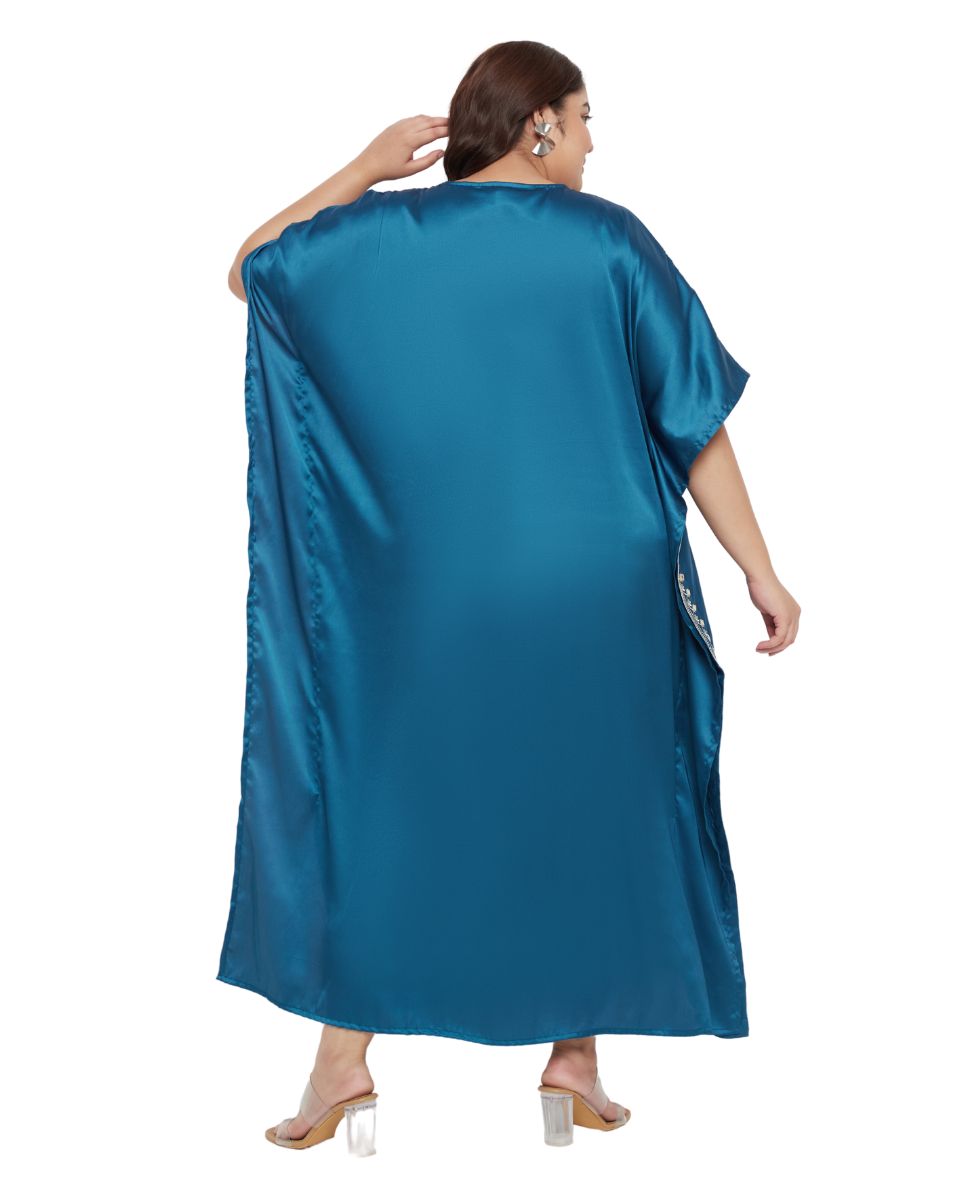 Embroidery Corsair Blue Satin Plus Size Kaftan for Women